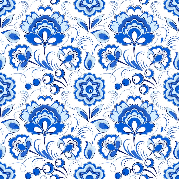 ロシアのカントリースタイルのシームレスな花柄ブルー