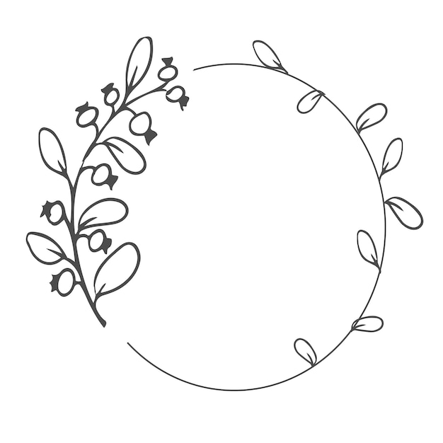 Floral bohemian elegant aesthetic circle frame with leaves in doodle style