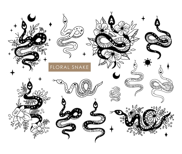 Vector floral boho snake isolated cliparts bundle celestial reptile with sun and moon symbol