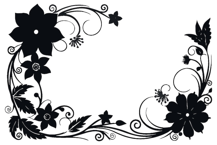 Floral border design with large artistic black flowers