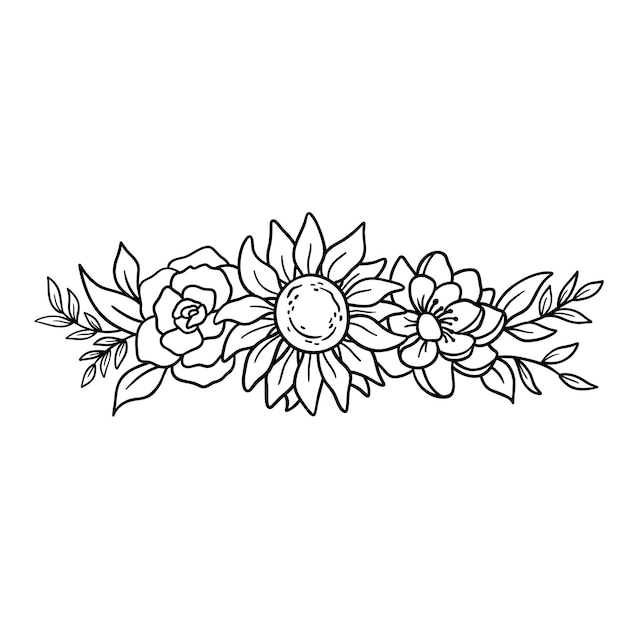 Floral border with flowers and leaves in outline style vector sunflower and peonies elegant bouquet hand drawn line art