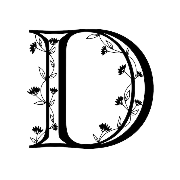 Floral botanical alphabet. Vintage hand drawn letter D. Letter with plants and flowers. Vector