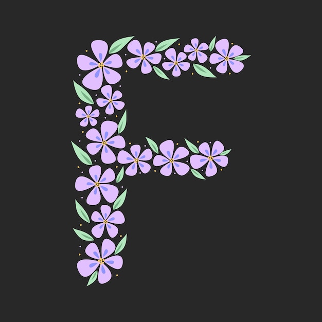 Floral botanical alphabet Vintage hand drawn letter F Letter with plants and flowers Vector