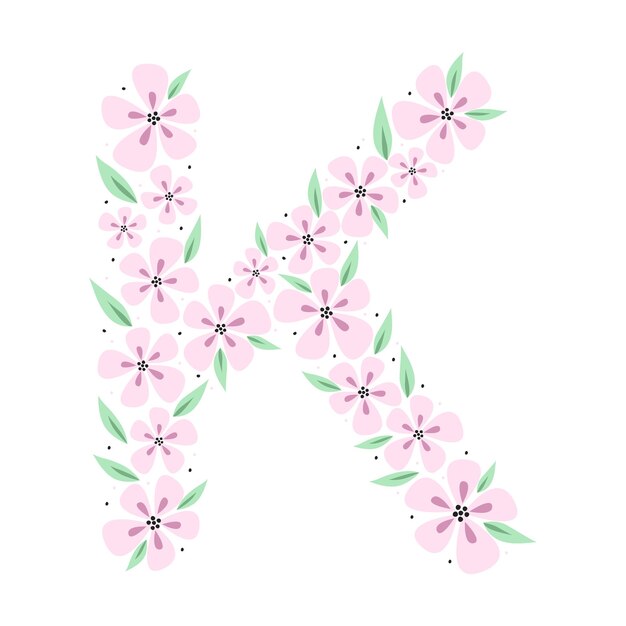 Floral botanical alphabet Vintage hand drawn monogram letter K Letter with plants and flowers