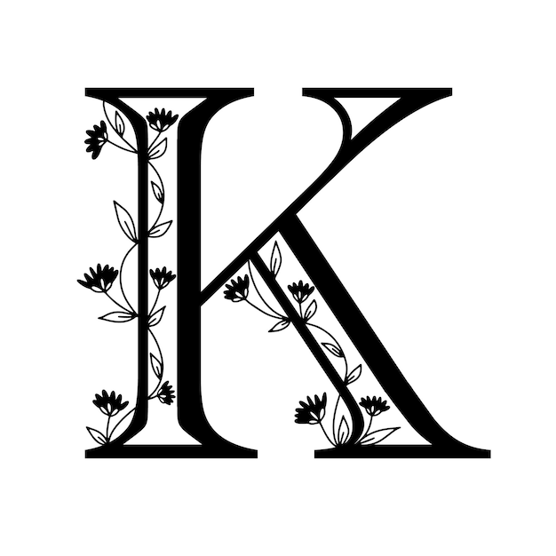 花植物のアルファベット。ヴィンテージ手描きモノグラム文字 K. 植物と花の手紙