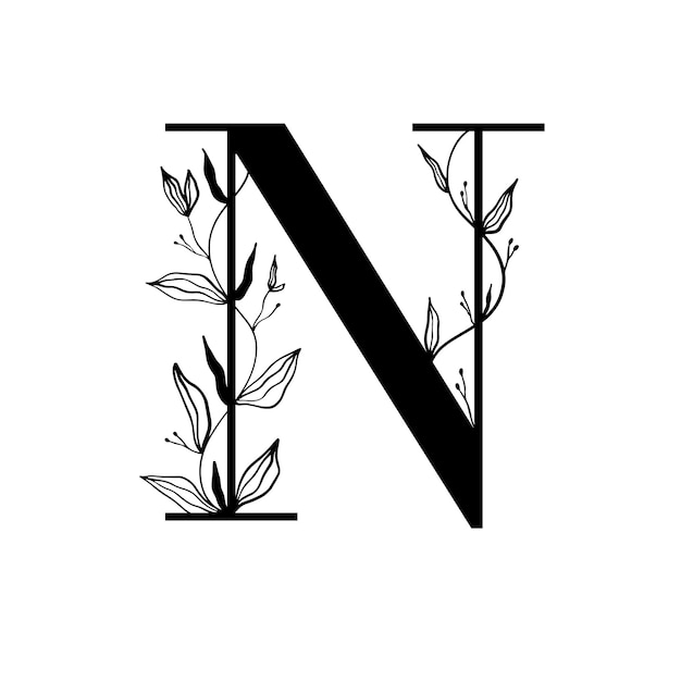Цветочный ботанический алфавит. винтажная монограмма, нарисованная вручную. буква n. буква с растениями и цветами.