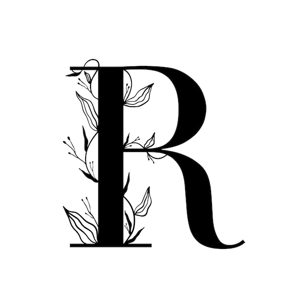 Floral botanical alphabet Vintage hand drawn monogram letter R Letter with plants and flowers