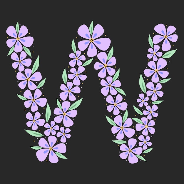 벡터 꽃 식물 알파벳 빈티지 손으로 그린 모노그램 문자 w 식물과 꽃 편지