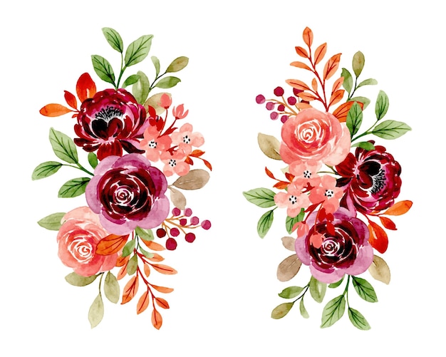 Vector floral bouquet of burgundy peach with watercolor