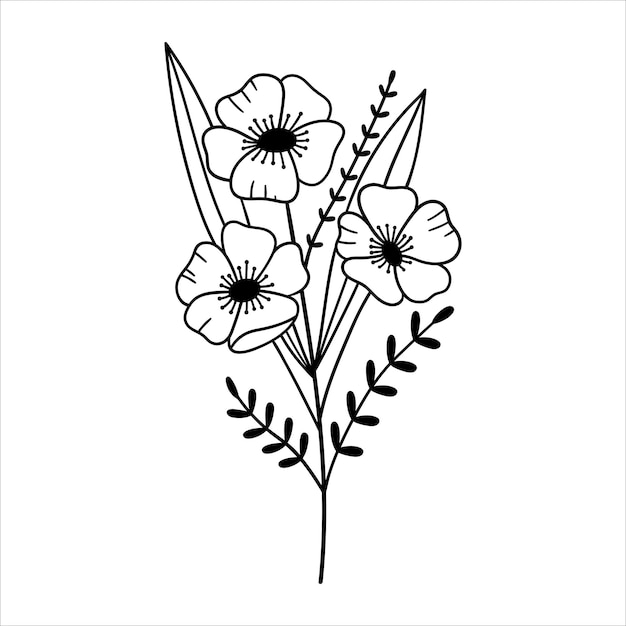 Floral bouquet Outline drawing Line vector illustration