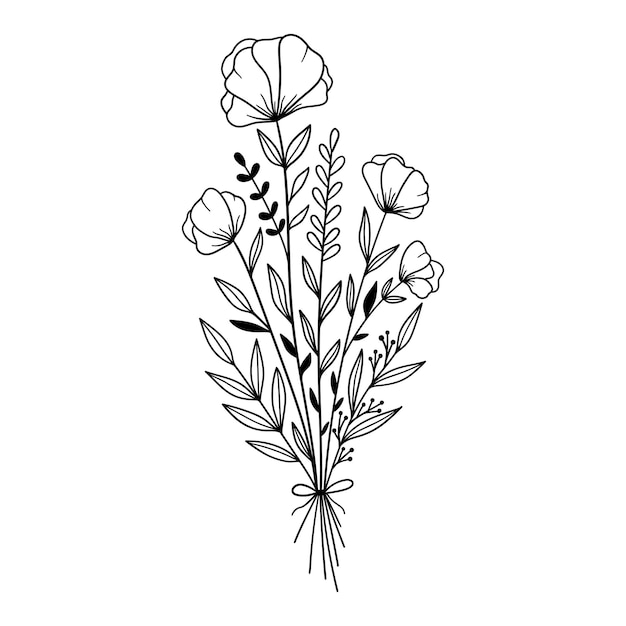 Floral bouquet Outline drawing Line vector illustration