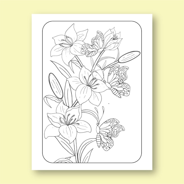 Vector floral bouquet with butterflies line art coloring pages for kids and adult