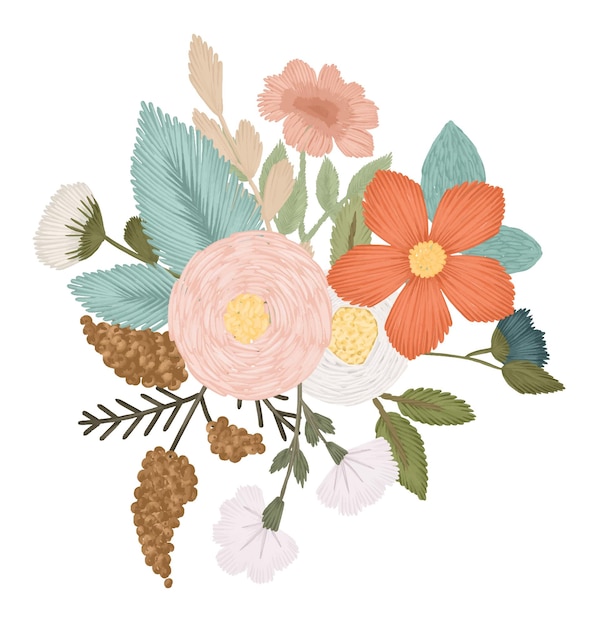 Premium Vector | Floral bouquet with embroidery effect, hand drawn ...