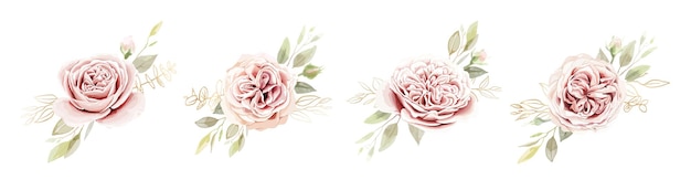 Vector floral bouquets, ping rose and eucalyptus leaves.