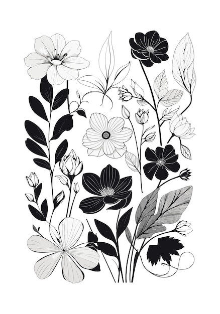 Vector floral branch minimalist flowers black and white hand drawn line art elegant leaves botanical herb wedding invitation illustration