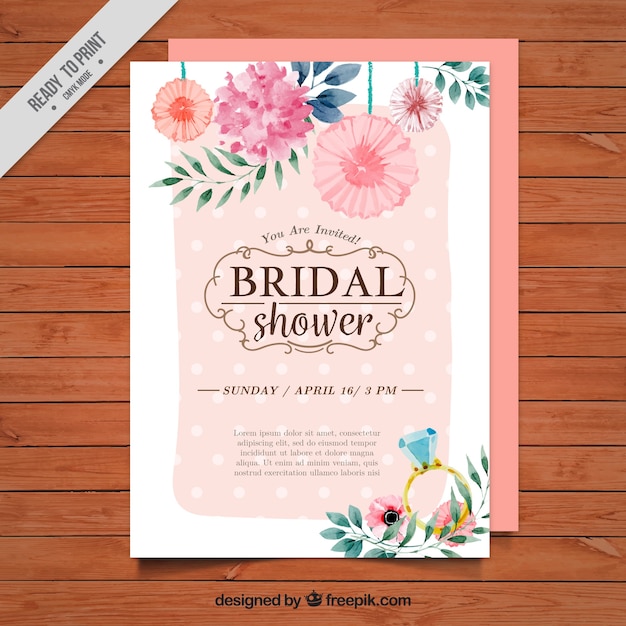 Floral bridal shower invitation painted with watercolorr