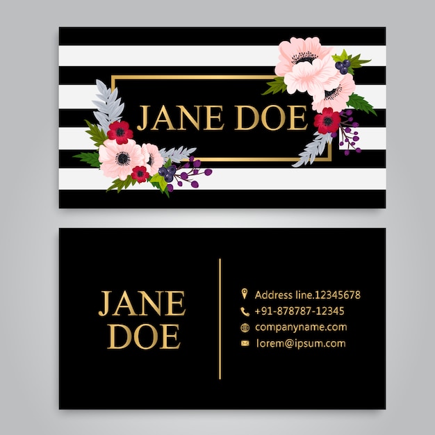 Floral business card with black and white stripes design