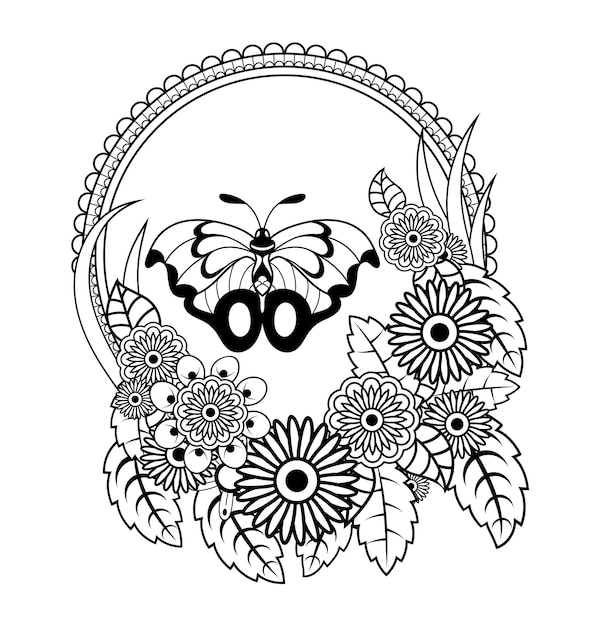 Floral butterfly flowers, butterfly coloring page for kids