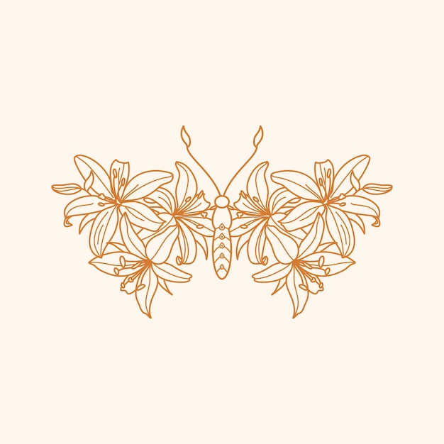 Icona della farfalla floreale in uno stile alla moda minimalista lineare. contorno vettoriale emblema di ali con fiori di giglio per creare loghi di saloni di bellezza, massaggi, spa, gioielli, tatuaggi, stampa di t-shirt, poster