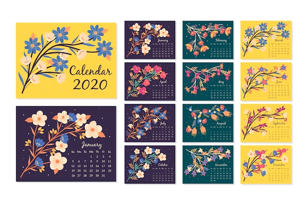 Floral calendar 2020 template set