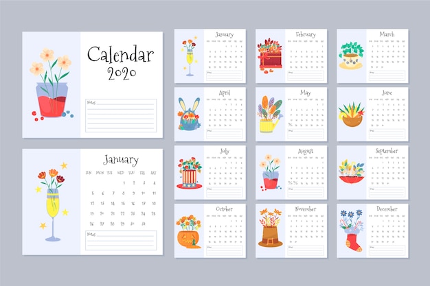 Vector floral calendar 2020 template set