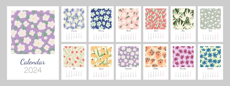 Vector floral calendar template for 2024. design with flowers. editable a3. week starts on monday