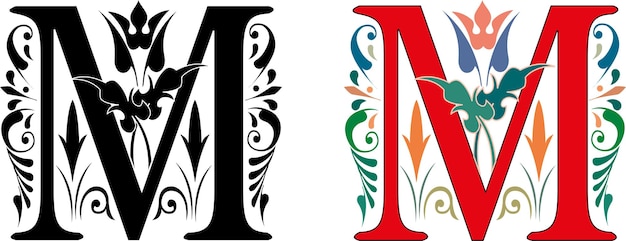 Vettore alfabeto della siluetta della lettera maiuscola floreale m. rinascimento medievale. la fantasia del monogramma iniziale nera