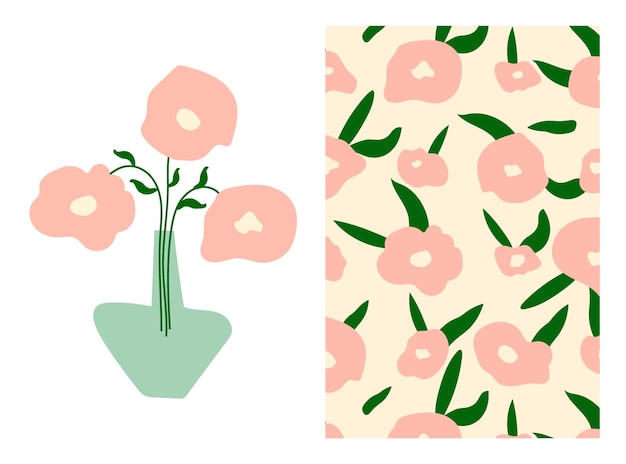 Floral Card Template Design. Set Illustration of Pink Flowers in a Vase and Pattern Floral.