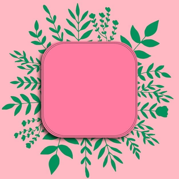 Floral card with branches, leaves, plants, flowers on pink.