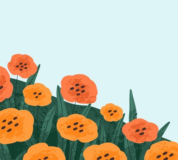 Scheda floreale con fiori rossi, piante da giardino. disegno di sfondo con fiori selvatici in fiore, prato di papaveri, campo. cartolina romantica con delicati fiori sbocciati. illustrazione vettoriale piatta