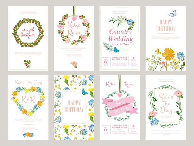 Floral cards. Botanical illustration for placard invitation wild flowers foliage  template.