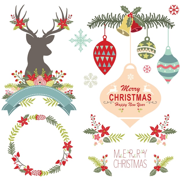 Vector floral christmas antlers decoration set