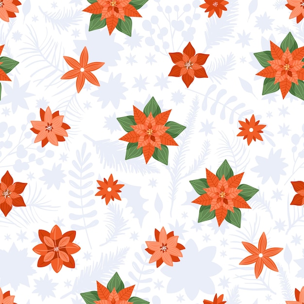 Floral Christmas seamless pattern with poinsettia and various flowers