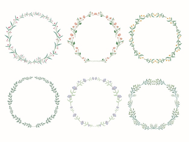 Floral circle frame label collection set with flower and leaf