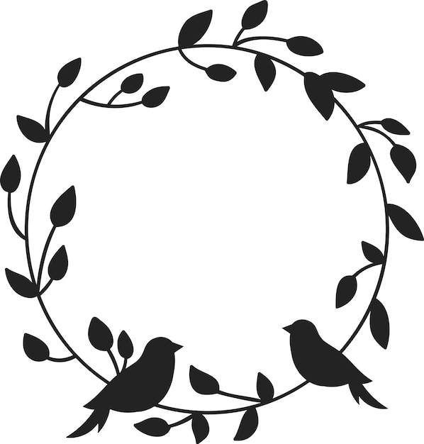 Vector floral circle wreath silhouette with birds