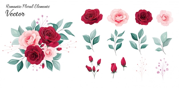 Vector floral  collection. flowers decoration illustration of red and peach rose flowers, leaves, branches