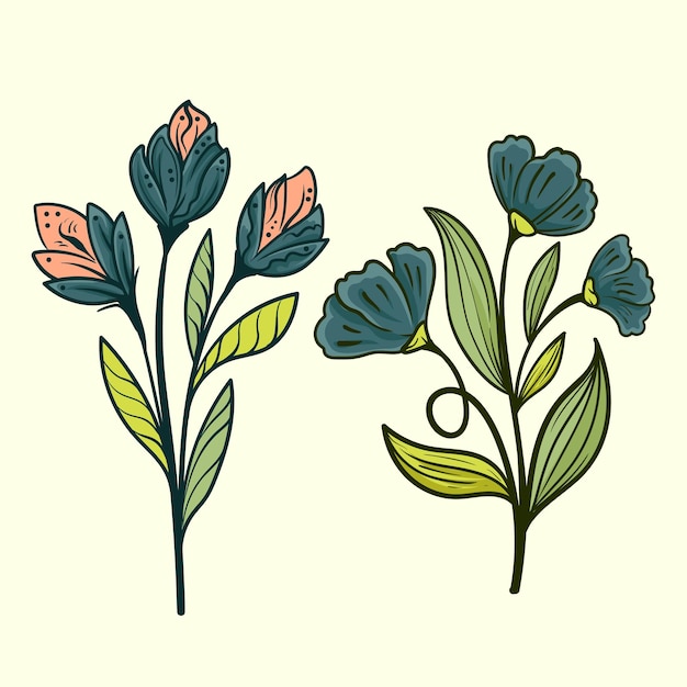 floral collection with leaves and flowers drawing watercolor small flower Botanical minimal style