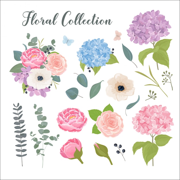 Floral collection with leaves and summer flowers in watercolor style