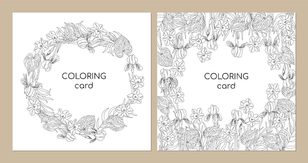 Vector floral coloring book. flowers narcissus, iris, anthurium, eucalyptus. vector illustration.