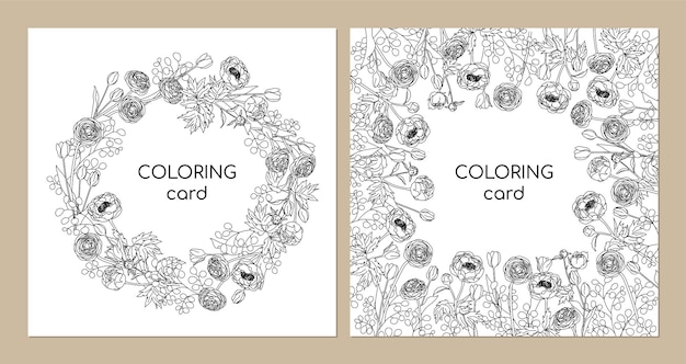 Floral coloring book. Flowers Tulip, Pion, Ranunculus, eucalyptus. Vector illustration.