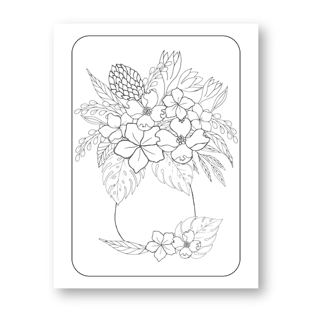 Floral coloring pages for adult and child with vase
