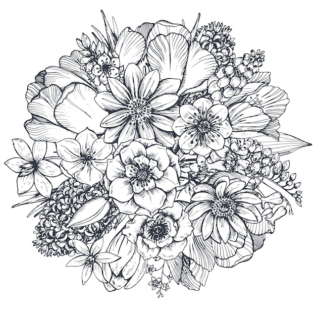 Floral composition. bouquet with hand drawn spring flowers and plants.