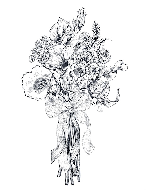 Vettore composizione floreale bouquet bradal con bellissimi fiori disegnati a mano piante nastro illustrazione vettoriale monocromatica in stile schizzo