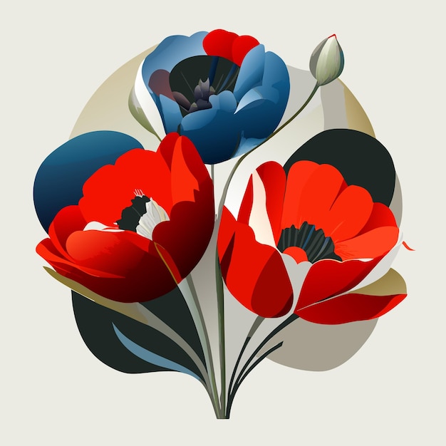 Floral composition in a circle with blue and red flowers on a white background