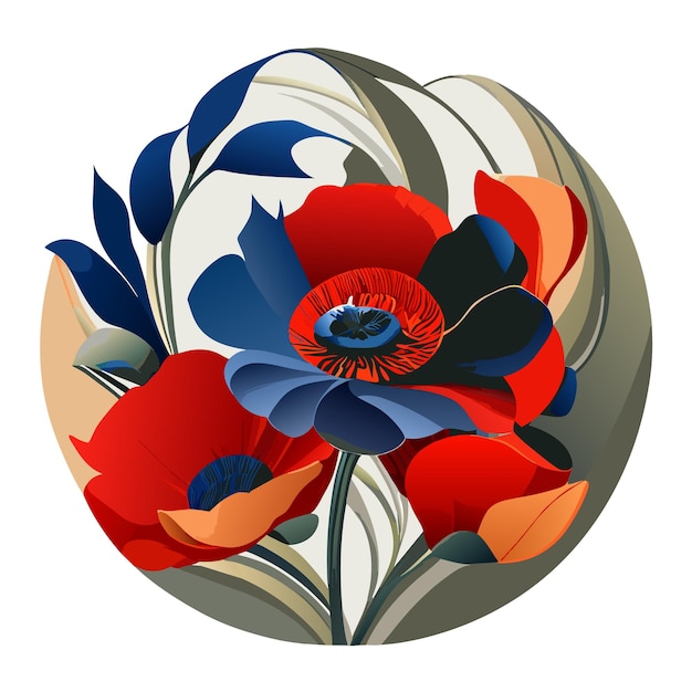 Floral composition in a circle with blue and red flowers on a white background