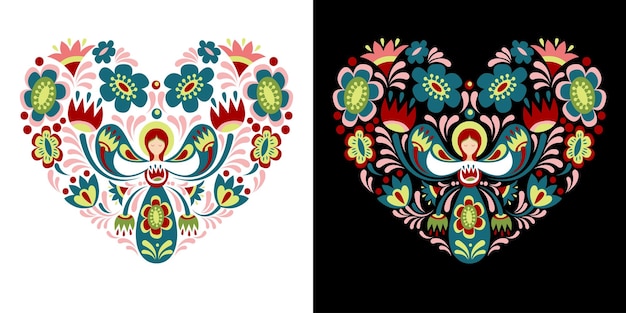 Vector floral composition in the shape of a heart with guardian angel in ukrainian style