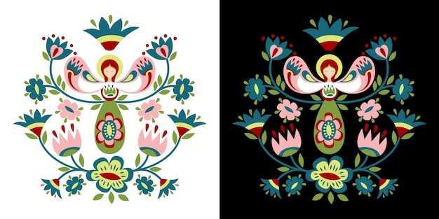 Vector floral composition with guardian angel in ukrainian style tree of life