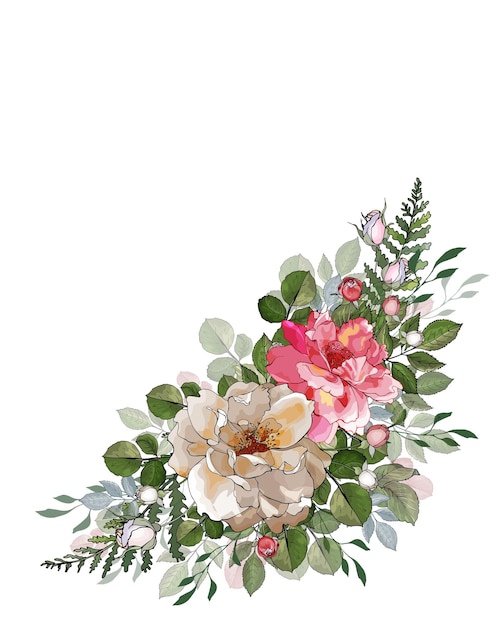 Floral composition with pink cream roses buds and green leaves