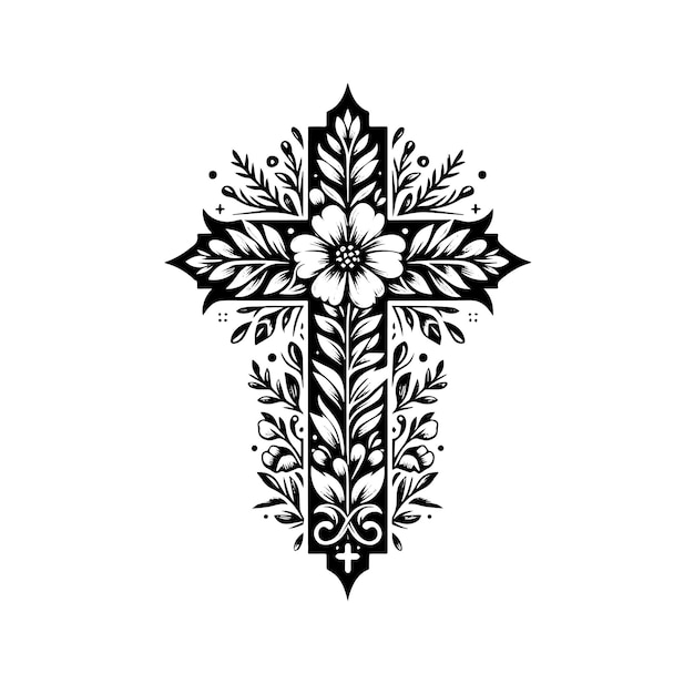 Vettore croce floreale silhouette cristiana di gesù disegno vettoriale in bianco e nero
