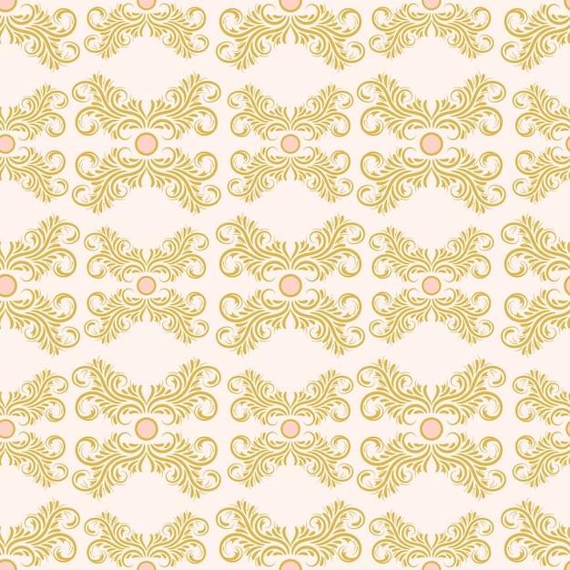 Floral damask ornament on beige background. Bright seamless pattern with flowers, curls, leaves.